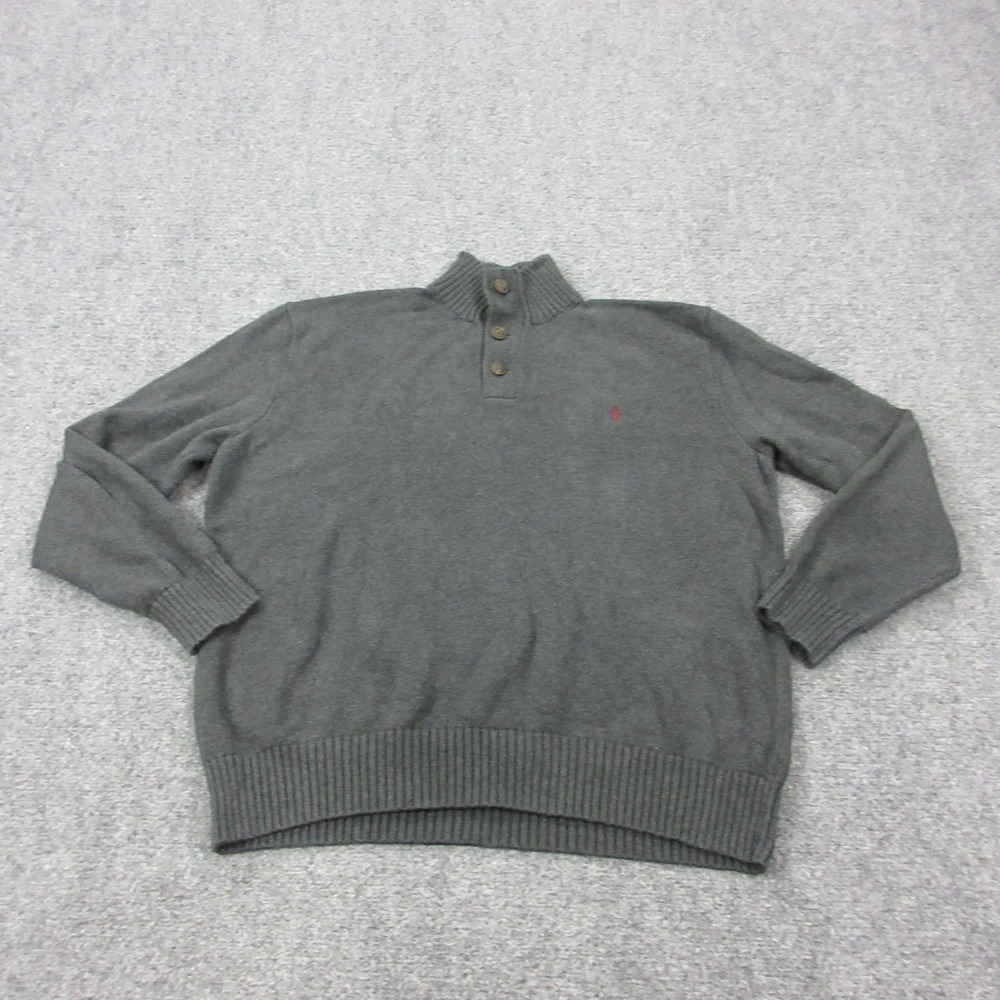 VTG Polo Ralph Lauren Sweater Mens XL Gray Mock Neck Henley Cotton Pullover Knit